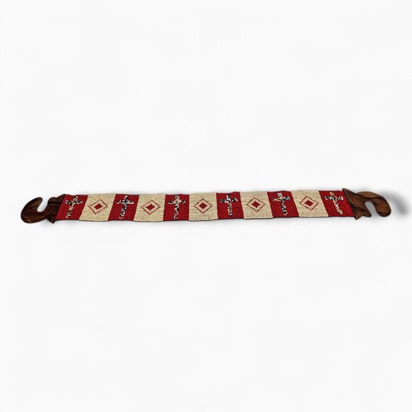 Vintage Native Style Beaded Belt Red Cream Wooden Buckle Boho Western main image 6